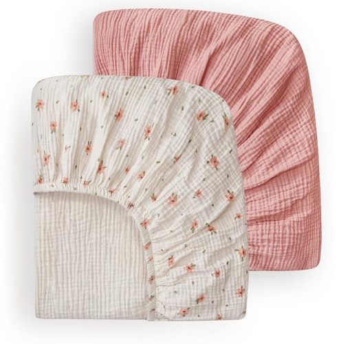 Blissful Diary Muslin Crib Sheets, 2 Pack, Pink Floral & Light Pink