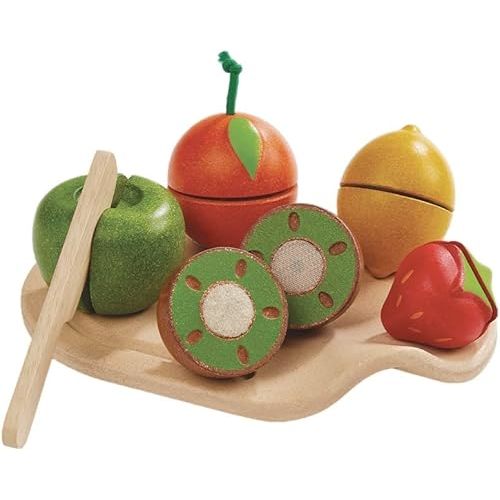 PlanToys 7 Piece Assorted Fruit Kitchen Food Playset (3600) | Sustainably Made from Rubberwood and Non-Toxic Paints and Dyes
