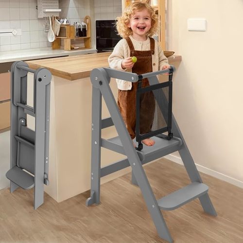 Foldable Toddler Tower, 3 Adjustable Height Toddler Standing Tower, Wooden Kids Kitchen Stool Helper with Safety Rails, Space Saving Kids Step Stool - Ages 18 Months to 6 Years