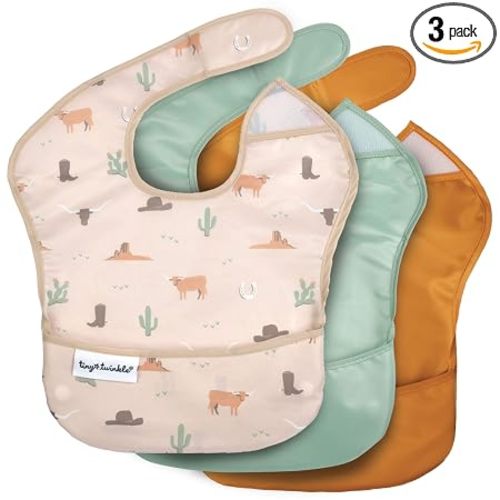 Tiny Twinkle Mess-Proof Baby Bibs for Eating | Waterproof, Wipeable Toddler Bibs with Catch-All Pocket | Feeding Bibs for Girls & Boys(3 Pack,Cowboy)