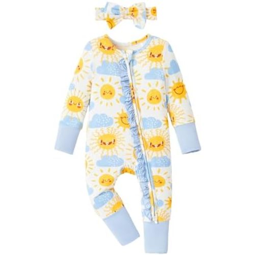 PATPAT Baby Footie Girls - Supersoft Bamboo Viscose - Unisex Infant Clothes - 2 Way Zipper & Mitten & Ruffle Trim & Headband