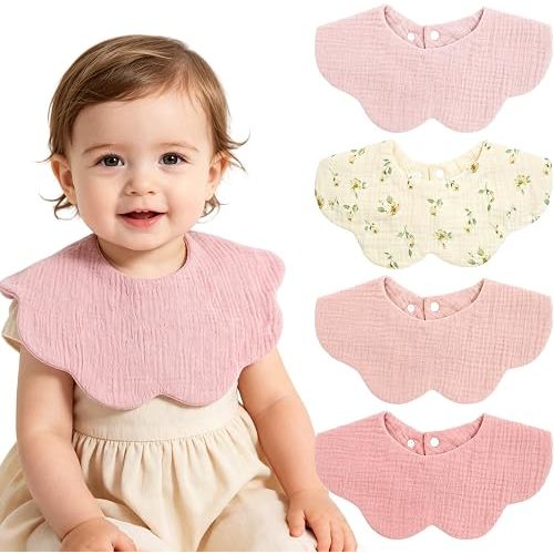 Muslin Baby Bibs, 4 Pack Bibs for Baby Girl, Adjustable 100% Cotton Soft Drool Bibs for Toddlers, Newborn Baby Girl Bib for Drooling and Teething