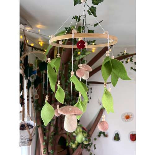 Baby mushroom crib mobile, Green forest nursery mobile, Neutral mobile, Hanging mobile, Pink mobile, Wood mobile, nature, Baby shower gift