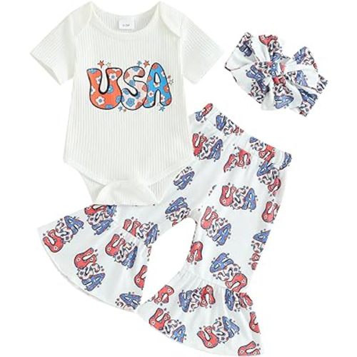 Baby Girl Outfit Infant Rib Ruffle Long Sleeve Romper Onesie Top Bell-Bottom Denim Pants Sets Cute Clothes