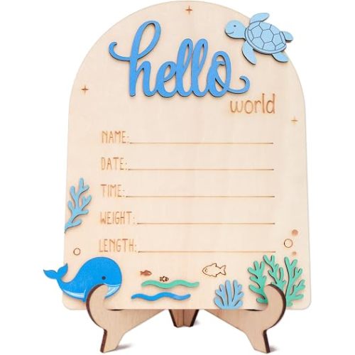 Baby Announcement Sign, Ocean Theme Wooden Hello World Newborn Sign, Birth Announcement Sign for Hospital, Baby Boy Welcome Sign with 3D Whale and Turtle