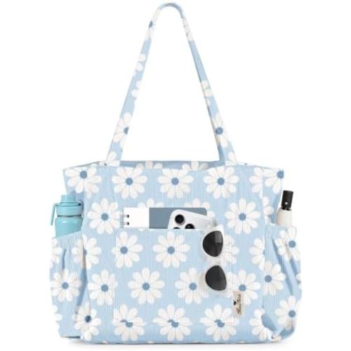 Miss Adola Cute Corduroy Tote Bag for Women Multi-Pocket with Zipper