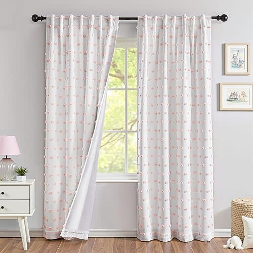 MYSKY HOME 100% Blackout Curtains for Nursery Thermal Insulated Pink Pom Pom Curtain 72 Inch Length for Girls Bedroom 2 Panels Back Tab White Sheer Drapes for Kitchen Dining Room Door, 52W x 72L