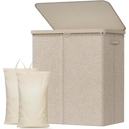 Lifewit 145L Laundry Basket with Lid, Large Laundry Hamper with Plastic Handles and Removable Bag, Foldable Tall Dirty Clothes Hampers for Laundry for Laundry Room, Bedroom, Bathroom, Dorm, Beige