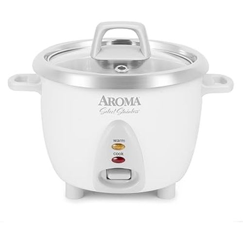 AROMA® Select Stainless® Rice Cooker, 3-Cup (Uncooked) / 6-Cup (Cooked), Stainless Steel Inner Pot, Small Rice Cooker, Auto Keep Warm, 1.2 Qt, White, ARC-753SG