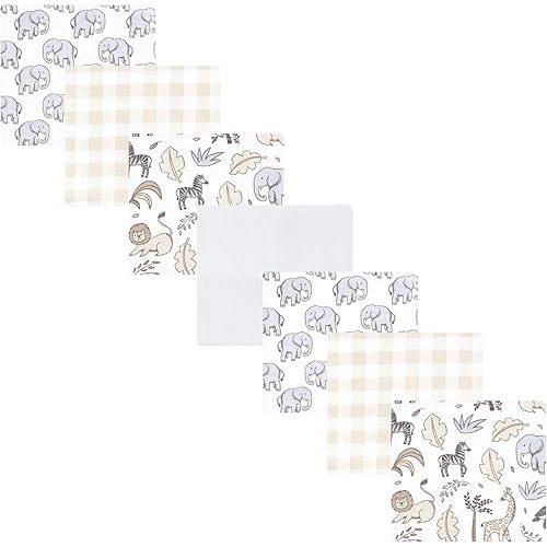 Little Treasure Hudson Baby Cotton Poly Flannel Receiving Blankets Multipack, Grey Neutral Safari, 30x30 inches