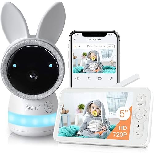 ARENTI Video Baby Monitor, Audio Monitor with 2K Ultra HD WiFi Camera,5" Color 720P Display,Night Vision,Lullabies,Cry Detection,Motion Detection,Temp&Humidity Sensor,Two Way Talk,App Control