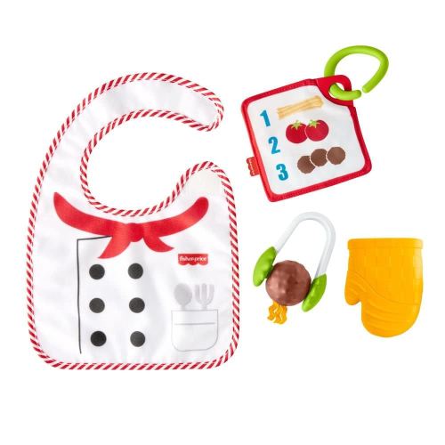 Fisher-Price Cutest Chef Gift Set, 4 cooking-themed baby toys with wearable bib and teether for babies ages 3 months and older