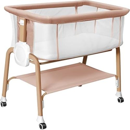 Bassinet Bedside Sleeper, Bedside Bassinet for Newborn, Baby Bassinet with 5 Adjustable Height, Rocking Bassinet with Wheels, Breathable Mesh &Mattress, Easy Folding Portable Bedside Crib,Light Yellow