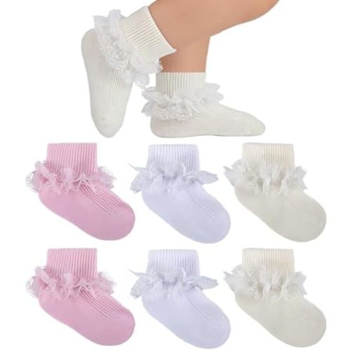 Baby Girl Ruffle Socks Double Lace Turn Cuff Cotton Fancy Ankle Frilly Dress Socks for Newborn Infant Toddler Girls
