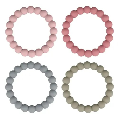 Silicone Teether Rings, 4 Neutral (White, Beige, etc.) Baby Teether Bracelets for 3m+ Babies to Self-Soothe