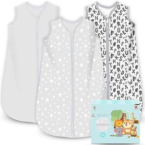 Cute Castle Baby Sleep Sack 18-24 Months - Lightweight 100% Cotton 2-Way Zipper TOG 0.5 Infant Wearable Blanket, Newborn Essentials Toddler Sleep Clothes, 3 Pack(Gray, Letters, Stars)