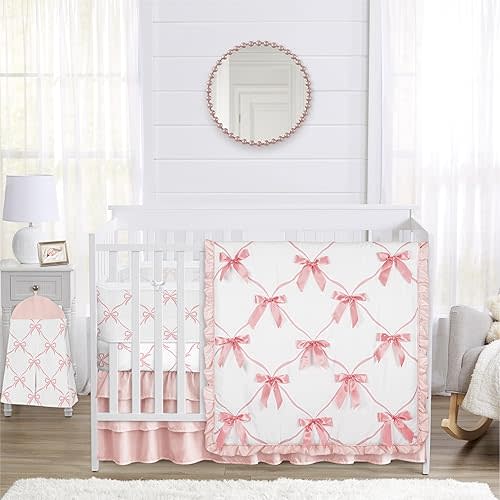 Sweet Jojo Designs 6-Piece Baby Crib Bedding Set (Pink Bows) for Girls, Infants/Nursery incl. Blanket, BreathableBaby Mesh Crib Liner, Fitted Sheet, Skirt, Diaper Stacker (Satin Bow for Ballet Coll.)