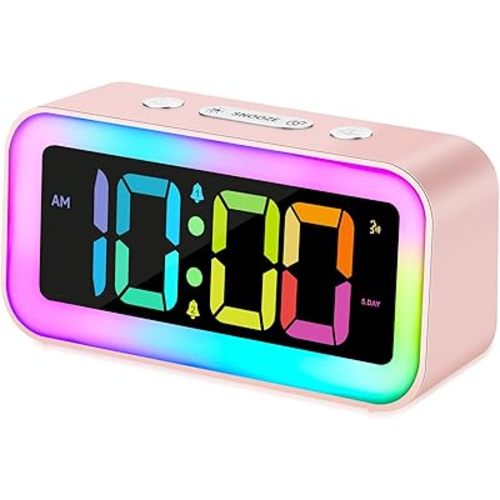 Cadmos Cute Pink Loud Alarm Clock with RGB Night Light - Perfect for Girls Room Decor and Kawaii Gifts, Small Size for Bedside or Desk Lamp in Bedrooms, Ideal for Kids, Teens (Light Pink)