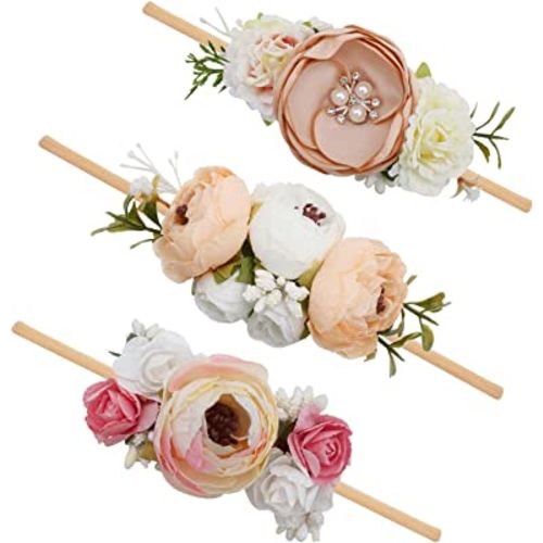 Baby Girl Floral Headbands- 3pcs Nylon Headband Handmade Flower Crown Elastic Hairband Newborn Toddler Hair Accessories Gifts for Girls （1-6 years old）
