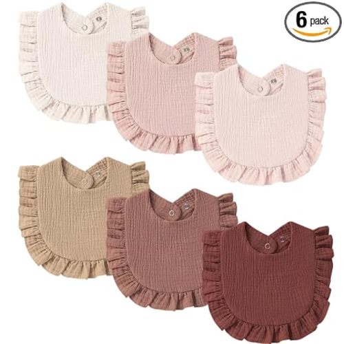 MairMore Muslin Baby Bibs, Ruffle Edge Drool Bibs, 6-Pack | 100% Muslin Cotton, Designed for Teething & Drooling Babies, Soft & Absorbent, for Boys & Girls, Newborn to Toddler (Maroon)
