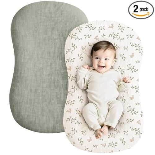 Konssy 2 Pack Muslin Baby Lounger Covers, Covers Only, 30.7" x 20" | 100% Cotton, Soft & Breathable, Baby Nest Slipcover, Envelope Closure, Pre-Washed for Lasting Fit (Rabbit,Fog Green)