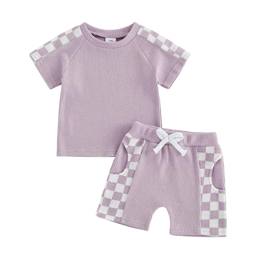 allshope Toddler Baby Girl Summer Outfit Checkerboard Patchwork T Shirt Tops Elastic Waist Shorts Newborn Infant Clothes Set