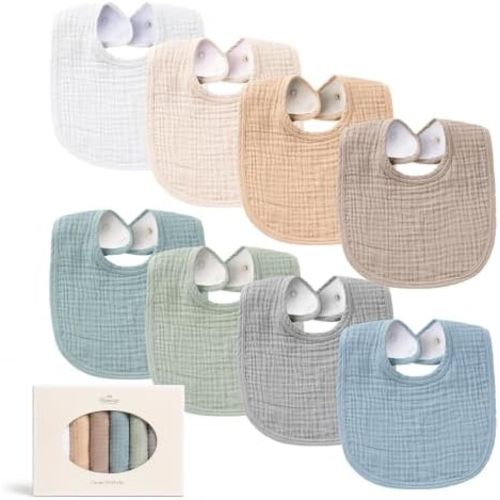 Konssy 8-Pack Muslin Baby Bibs, Adjustable Fit for Drooling and Teething