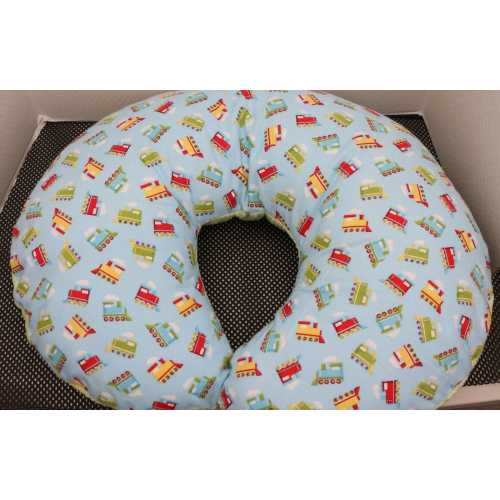 Reversible Nursing Pillow Cover: Train Engines on Blue flannel and Light Green Soft n Fluffy