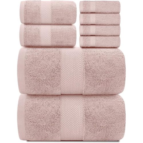 White Classic Luxury Bath Towel Set of 8 Pieces - 100% Turkish Cotton Highly Absorbent Towels for Bathroom, 2 Luxury Bath Towels 700GSM, 2 Hand Towels, 4 Washcloths, Pink