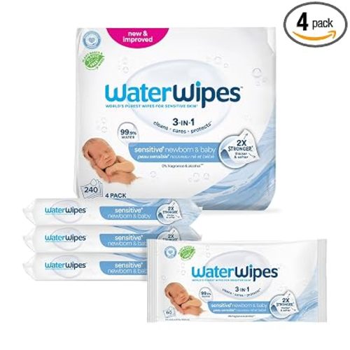 WaterWipes Sensitive+ Newborn & Baby Wipes, 3-In-1 Cleans, Cares, Protects, 99.9% Water, Unscented & Hypoallergenic, 240 Count (4 Packs)