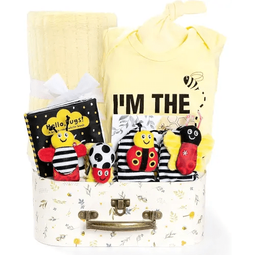 Baby Gift Set for Newborn, Bee Baby Shower Gifts Basket, High Contrast Baby Book Toys 0-6 Months Infant Rattle Socks Blanket Hat Onesie Baby Gifts Essentials for Girls Boys