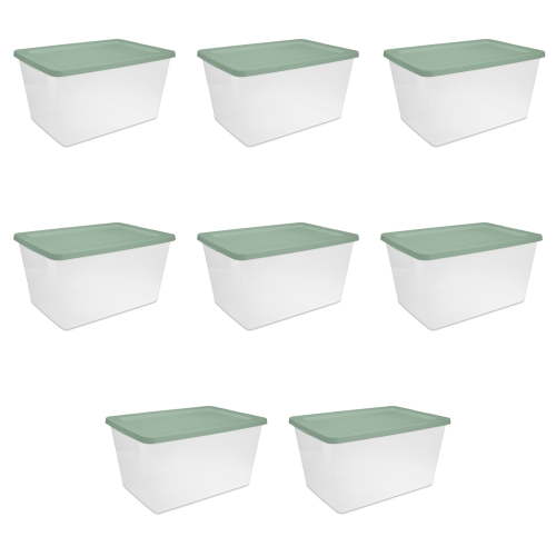 Sterilite Small Storage Bin, 58 Quart Clear Plastic Storage Container with Snap-On Lid, Light Green, Pack of 8