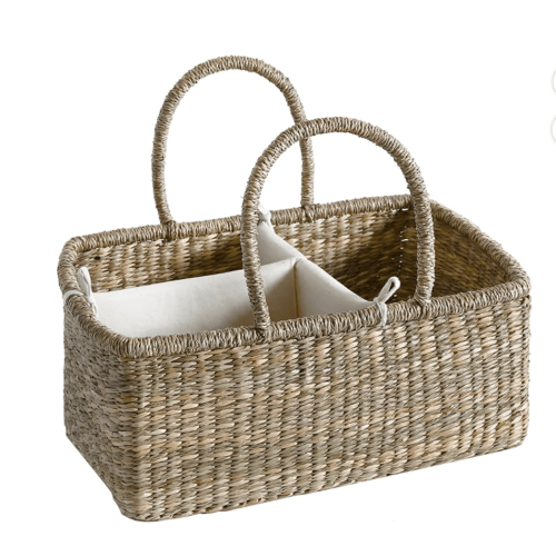 Premium Wicker Baby Diaper Caddy Organizer, Woven Seagrass Basket with Handles, Diaper Basket with Dividers (Rectangle)