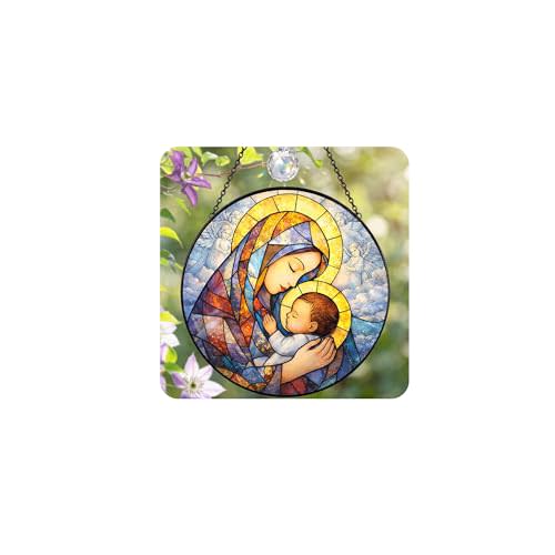 Stained Glass Window Hanging, 7.8 Inch Virgin Mary & Baby Jesus Sun Catcher, Stained Glass for Christian Home Decor, Catholic Religious Gifts for Women (Jesus and Mary)