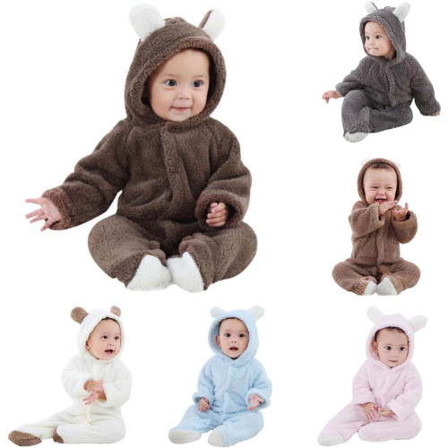 Newborn Baby Boy Girl Fleece Jumpsuit Hooded Romper Winter Warm Coat Outwear 0-12 Months