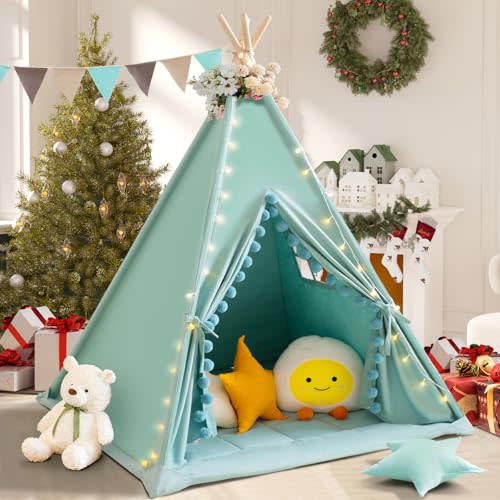 Teepee Tent for Kids with Padded Mat Cotton Canvas Kids Tent with Pompom for Toddlers Indoor Play Tent for Girls Boys with Stars Lights, Carry Bag, Banner Flag (Green)