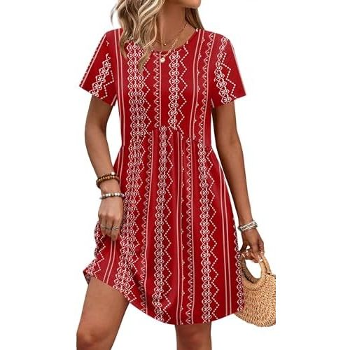 OFEEFAN Spring Dresses for Women 2026 Short Sleeve Crew Neck Casual Dresses Empire Waist Maternity Dress with Pockets