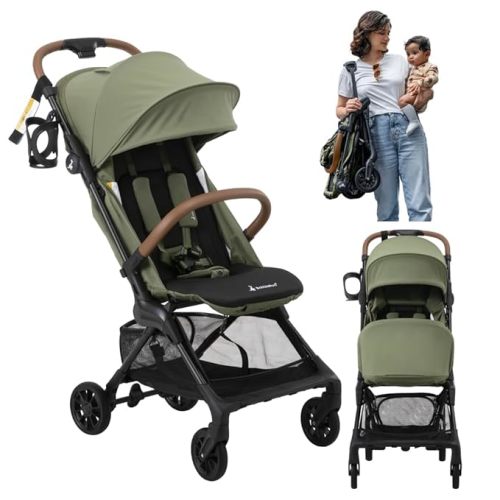BabbleRoo Hoplite Compact Stroller – Lightweight Travel Stroller for Airplane (12.3 lbs), from Birth to 55 lbs, Easy Fold, PU Wheels, Alloy Frame, Near-Flat Recline, Cup Holder, Baby Stroller