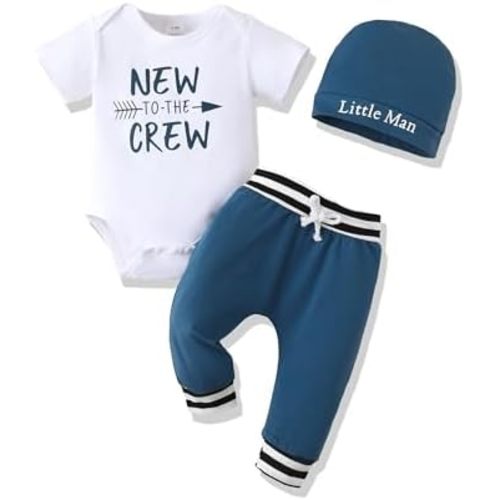Renotemy Newborn Infant Baby Boy Clothes Outfits New to The Crew Outfits Long Pants Toddler Baby Boy Clothes Set