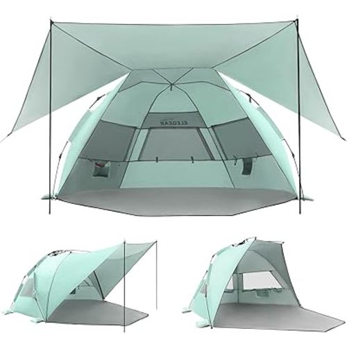 Elegear Beach Tent with Canopy, 1-Second Setup Pop Up Sun Shelter Shade, UPF 50+ UV Protection Silver-Coated Lightweight Portable Beach Cabana