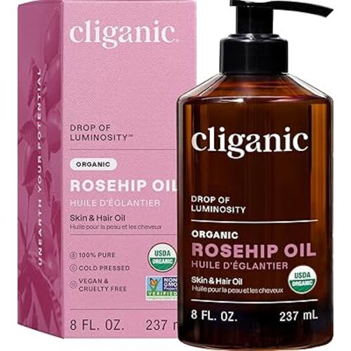Cliganic Organic Rosehip Seed Oil for Face, 100% Pure | Natural Cold Pressed Unrefined Non-GMO | Carrier Oil for Skin, Hair & Nails (Packaging May Vary)