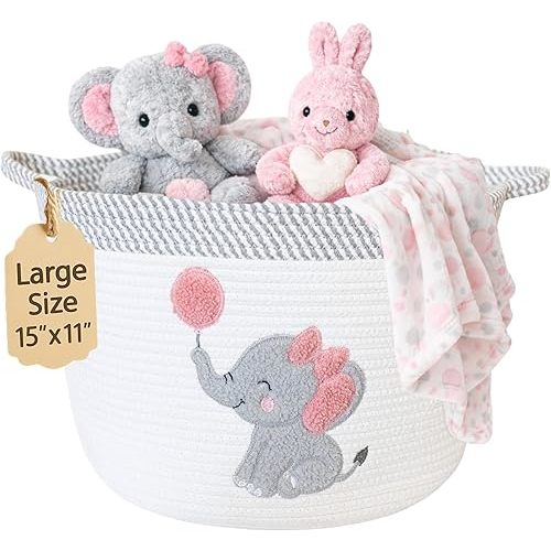 Elephant Storage Basket for Nursery – Large 15”x11” Cotton Rope Bin with Soft Felt Elephant Patch – Toy Organizer, Baby Laundry Hamper, Diaper & Towel Holder – Foldable, Washable & Baby-Safe