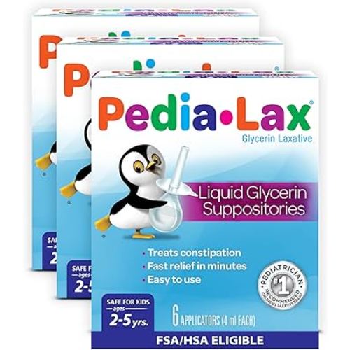 Pedia-Lax Liquid Glycerin Suppositories for Kids Ages 2-5, Gentle Constipation Relief Laxative for Children, 6 Count, Pack of 3