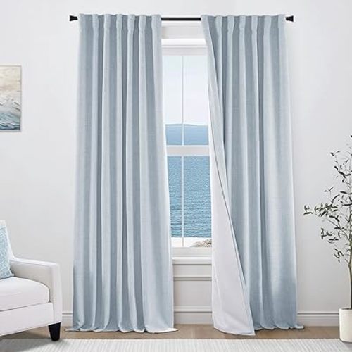 Light Blue Linen Blackout Curtains for Bedroom, 84" L Coastal Summer Light Blocking Thermal Insulated Drapes, Pleated Grand Millenial Drapery Panels, Set of 2
