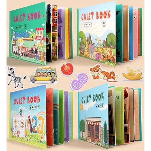 4 Pack DIY Busy Book for Toddlers, Montessori Quiet Book with Animal, Vehicle, Number, Fruit Preschool Learning Activities & Education Toys