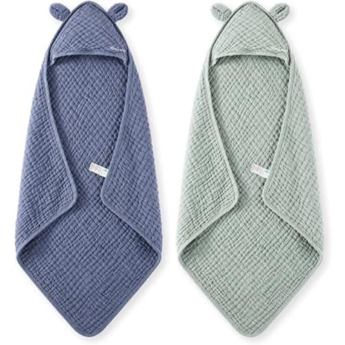 Momcozy 6-Layer Muslin Cotton Baby Towels with Hood, 32x32 Inch, Blue