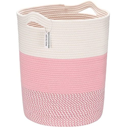 Sea Team Large Size Cotton Rope Woven Storage Basket with Handles, Laundry Hamper, Fabric Bucket, Drum, Clothes Toys Organizer for Kid's Room, 20 x 14 inches, Round Open Design, White & Mottled Pink
