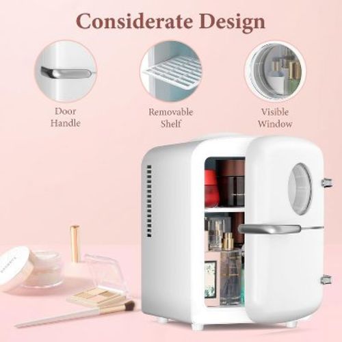 ZAFRO Skincare Mini Fridge, Compact Refrigerator with 4L Capacity/6 Cans Cooler & Warmer, Round View Window & Removable Shelf