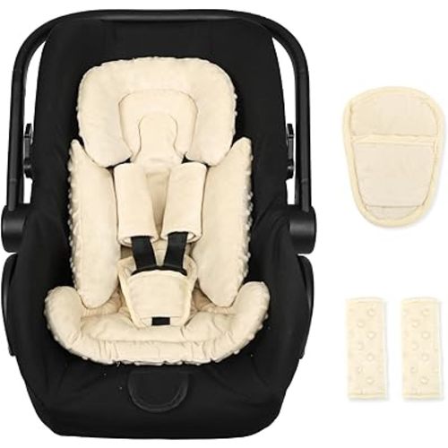 Infant Car Seat Insert Boy Girl, 3 in 1 Newborn Carseat Insert with Strap Pads, Car Seat Head Support for Baby Strollers, Swings, and Bouncers, Comfortable and Machine Washable, Beige