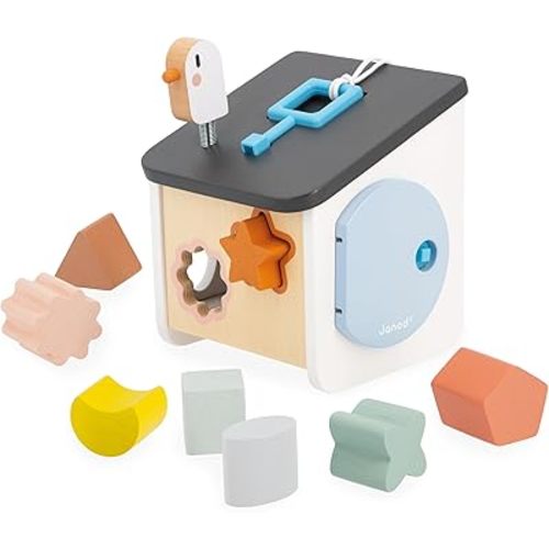 Janod Sweet Cocoon - Wooden Bird House Shape Sorter - 9 Piece Set - Ages 18 Months - 3 Years - J04062